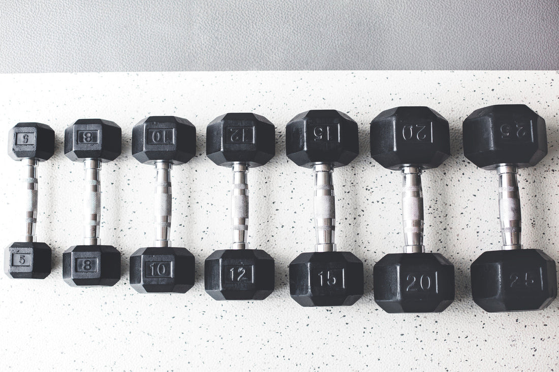 Image of dumbbells lined up. 