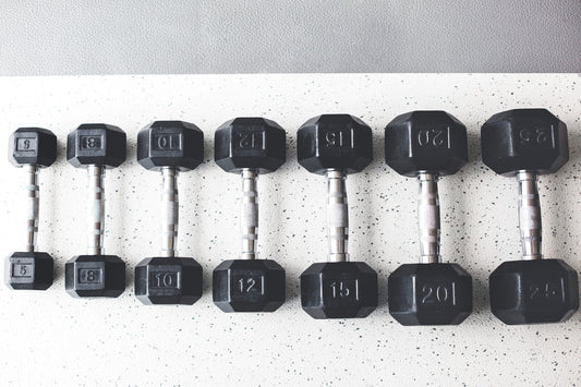 Image of dumbbells lined up. 