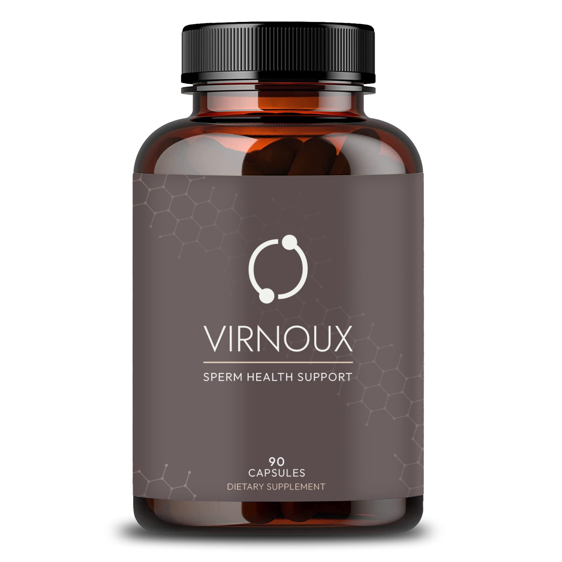 Image of brown medicine bottle on white background containing Virnoux fertility supplement. Male fertility supplement bottle to help boost sperm count, motility, morphology, and improve sperm dna fragmentation. Men's prenatal vitamin made by real male fertility doctors.  