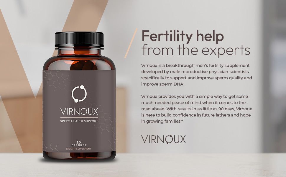 Male fertility supplement bottle on table with gray background.  Text copy with "Fertility help from the experts". 