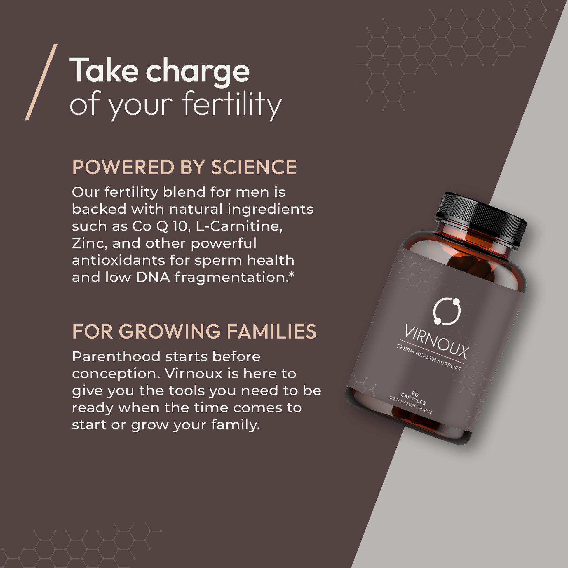 Image of brown medicine bottle with "Virnoux" on front. Text stating "take charge of your fertility". 