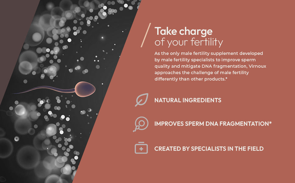 Image of sperm on red/orange background with text "Take charge of your fertility". Male fertility supplement bottle to help boost sperm count, motility, morphology, and improve sperm dna fragmentation. Men's prenatal vitamin made by real male fertility doctors. 