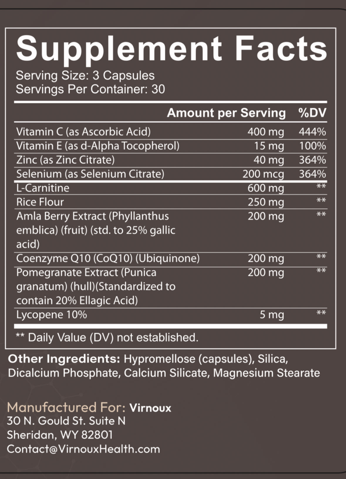 Image of "supplement facts", detailing ingredients and listing the amount of each ingredient with percent daily value. Nutrition label information. 