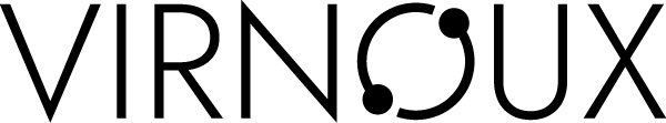 Block font image with text "VIRNOUX". "O" replaced by Virnoux double-headed icon. 