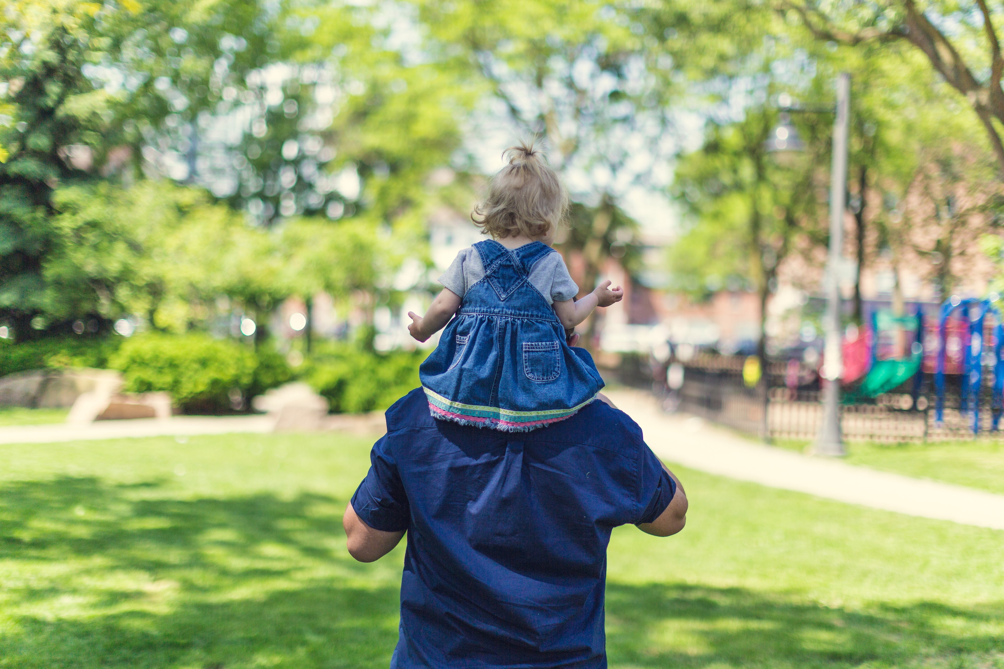 Image of toddler girl on father's sitting on father's shoulders, taken from behind. Image in park, foliage and grass, playground in background. 
